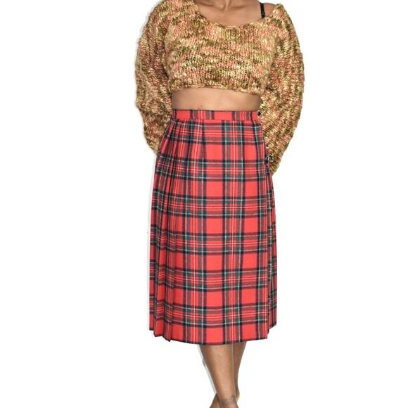 Chaus Tartan Skirt Red Vintage Midi Plaid Check Kilt Pleats Wrap Wool Size Small - Picture 12 of 12